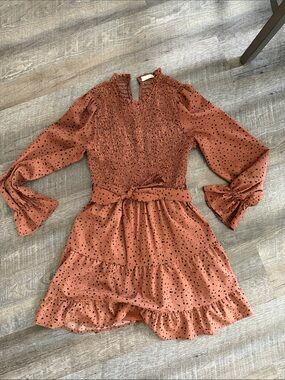 Rust Polka Dot Smocked Long-Sleeve Tiered Dress